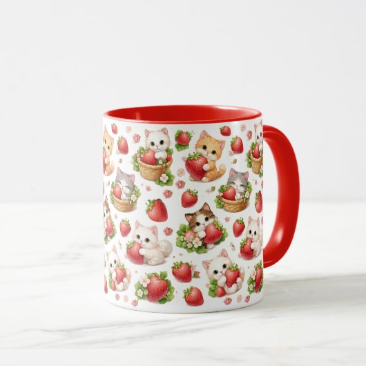 Adorable Kittens and Strawberries Ceramic Mug マグカップ (正面右)