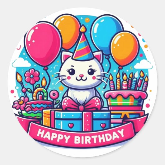 Adorable Kitty Cat Happy Birthday ラウンドシール (正面)