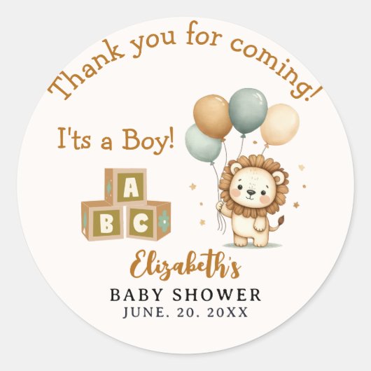 Adorable Lion Baby Shower Boy ラウンドシール (正面)