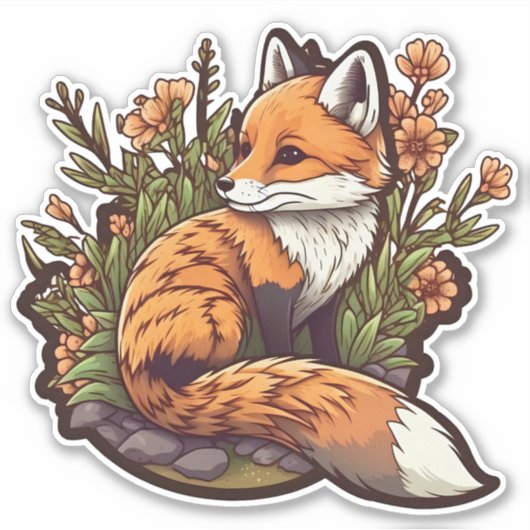 Adorable little fox and flowers シール (正面)