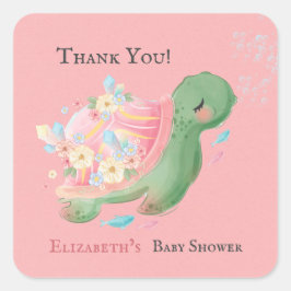 Adorable Little Turtle Pink Baby Shower Thank You スクエアシール