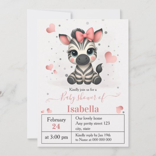 Adorable little zebra baby shower invitation 招待状 (正面)