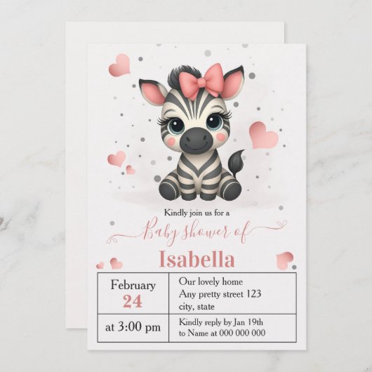 Adorable little zebra baby shower invitation 招待状 (正面/裏面)