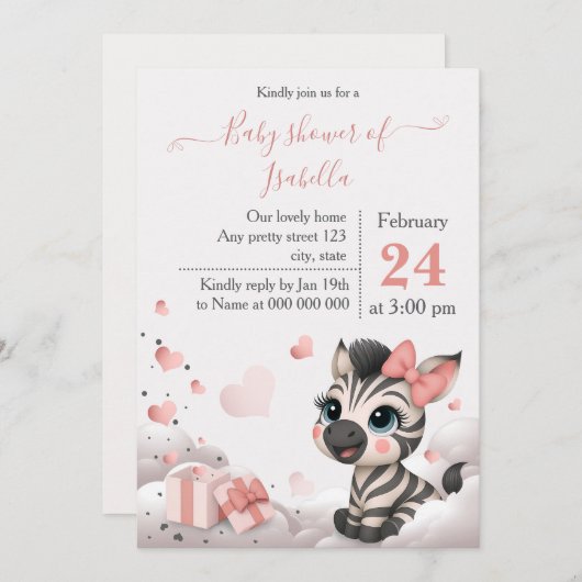 Adorable little zebra baby shower invitation 招待状 (正面/裏面)