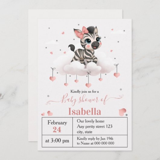 Adorable little zebra baby shower invitation 招待状 (正面/裏面)