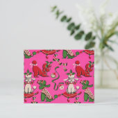 Adorable Mid-century MCM holiday poodles on Pink   ポストカード (スタンド正面)