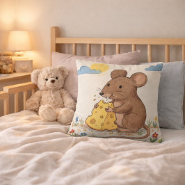 Adorable Mouse Eating Cheese Drawing Kids クッション