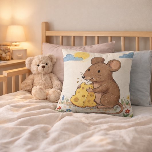 Adorable Mouse Eating Cheese Drawing Kids クッション