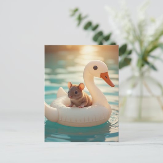 Adorable Mouse Floating on a Swan Float ポストカード (スタンド正面)