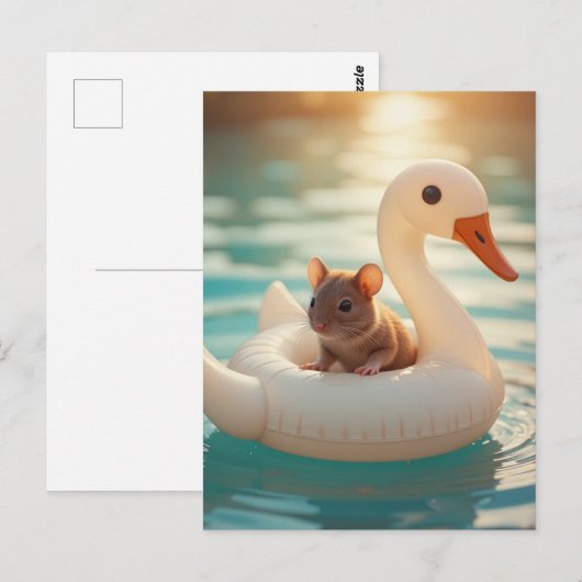 Adorable Mouse Floating on a Swan Float ポストカード (正面/裏面)