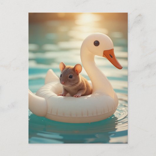 Adorable Mouse Floating on a Swan Float ポストカード (正面)