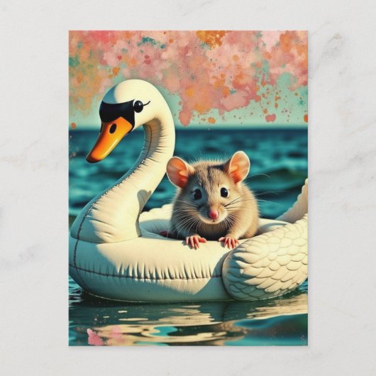 Adorable Mouse on a Swan Float ポストカード (正面)