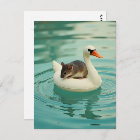 Adorable Mouse on a Swan Pool Float ポストカード (正面/裏面)