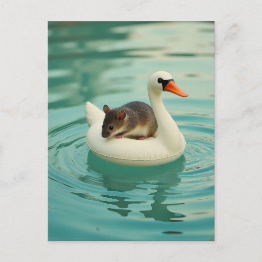 Adorable Mouse on a Swan Pool Float ポストカード (正面)