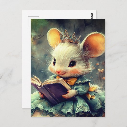 Adorable Mouse Princess Reading a Book ポストカード (正面/裏面)