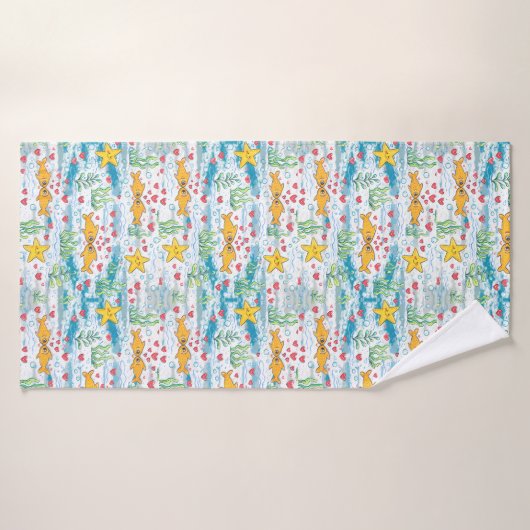 Adorable Ocean Love Pattern | Cute Fish & Starfish バスタオル (バスタオル)
