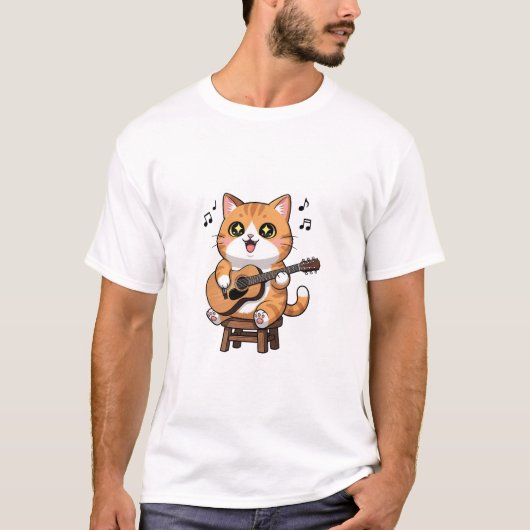 Adorable Orange Tabby Cat Playing Acoustic Guitar Tシャツ (正面)