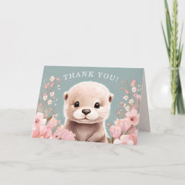 Adorable Otter Girl Baby Shower Sage & Pink Floral サンキューカード
