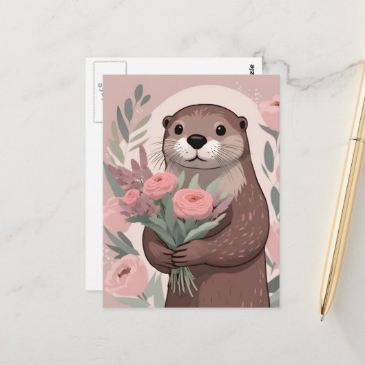 Adorable Otter With Flowers ポストカード (正面/裏面インサイチュ)