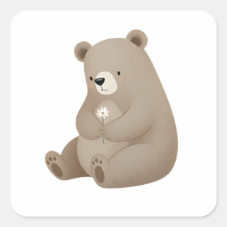Adorable Ours Brun à la Marguerite – Illustration スクエアシール