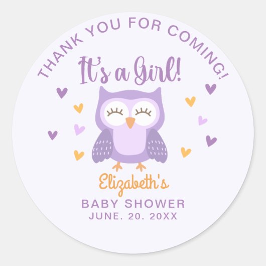 Adorable Owl Baby Shower Girl ラウンドシール (正面)