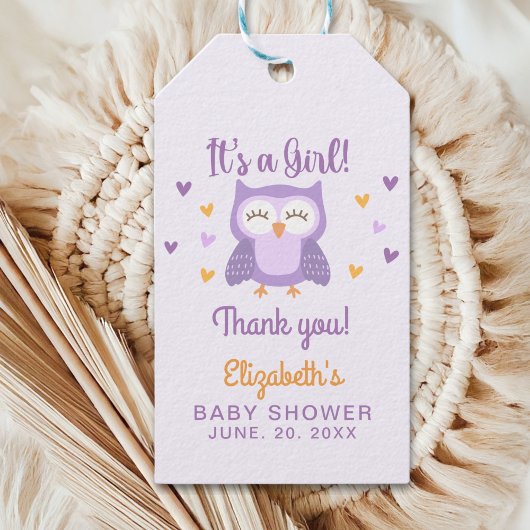 Adorable Owl Baby Shower Girl - It's a Girl ギフトタグ