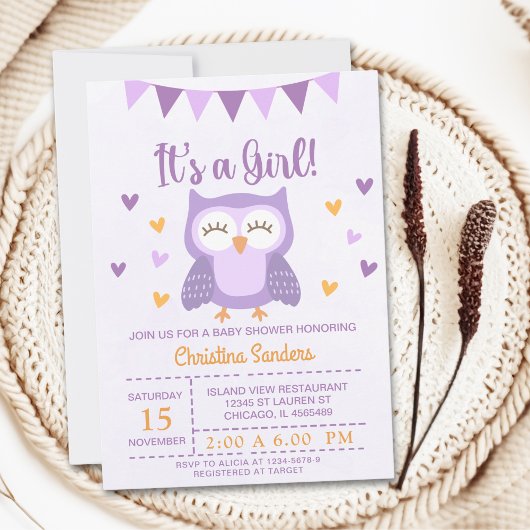 Adorable Owl Baby Shower Girl – It's a Girl' 招待状
