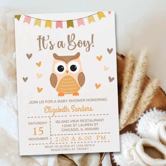 Adorable Owl Baby Shower Invitation – 'It's a Boy' 招待状