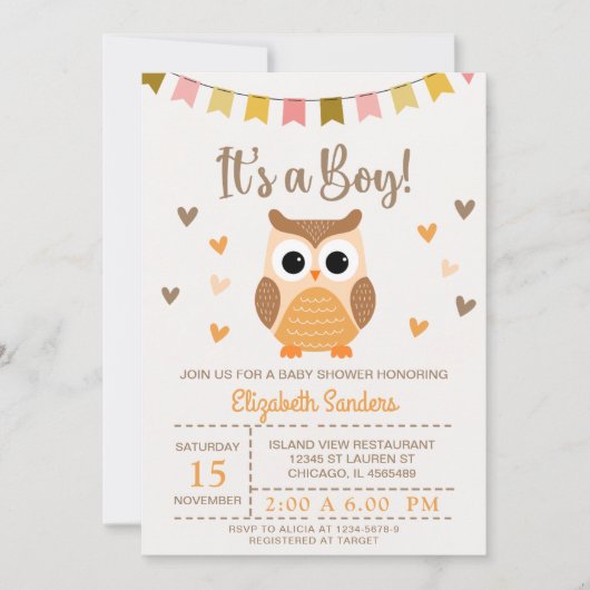 Adorable Owl Baby Shower Invitation – 'It's a Boy' 招待状 (正面)
