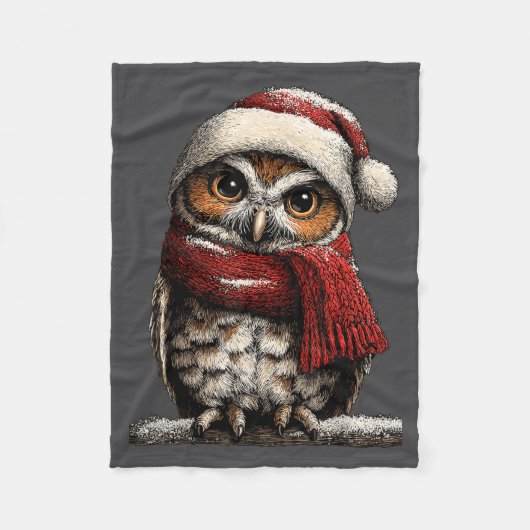 Adorable Owl With Santa Hat Snowy Winter Christmas フリースブランケット (正面)