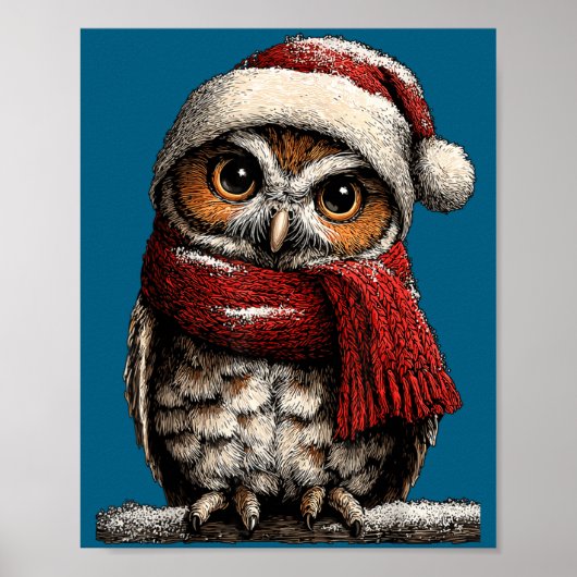 Adorable Owl With Santa Hat Snowy Winter Christmas ポスター (正面)