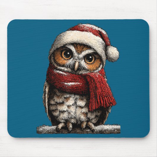 Adorable Owl With Santa Hat Snowy Winter Christmas マウスパッド (正面)