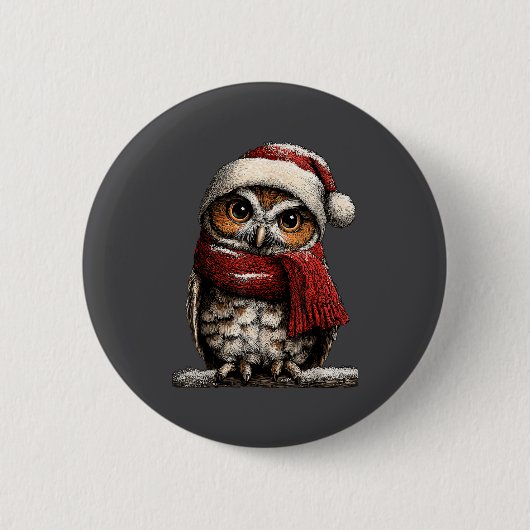 Adorable Owl With Santa Hat Snowy Winter Christmas 缶バッジ (正面)