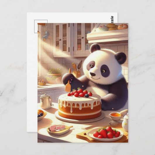 Adorable Panda Bear Baking Cake ポストカード (正面/裏面)