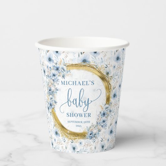 Adorable pastel blue flowers gold boho paper cups 紙コップ (正面)