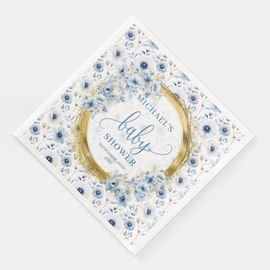 Adorable Pastel Blue Gold Flowers Paper Napkins (コーナー)