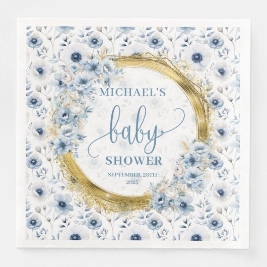Adorable Pastel Blue Gold Flowers Paper Napkins (正面)