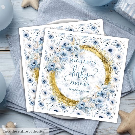 Adorable Pastel Blue Gold Flowers Paper Napkins