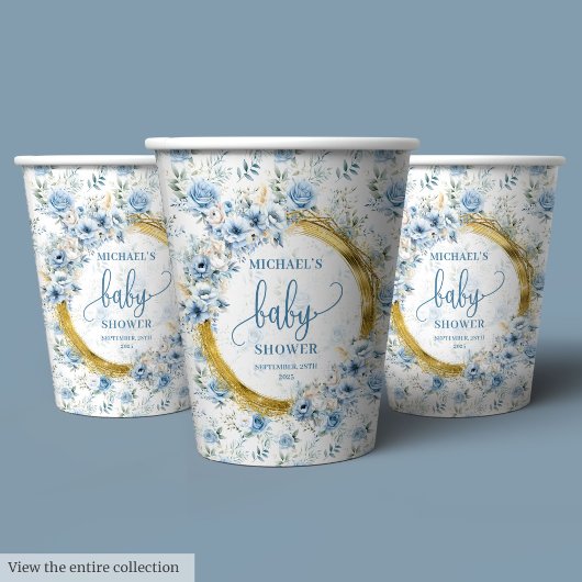 Adorable Pastel Blue Gold Personalized Paper Cups 紙コップ