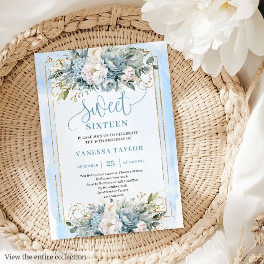 Adorable Pastel Blue White Floral Sweet 16 Invites 招待状
