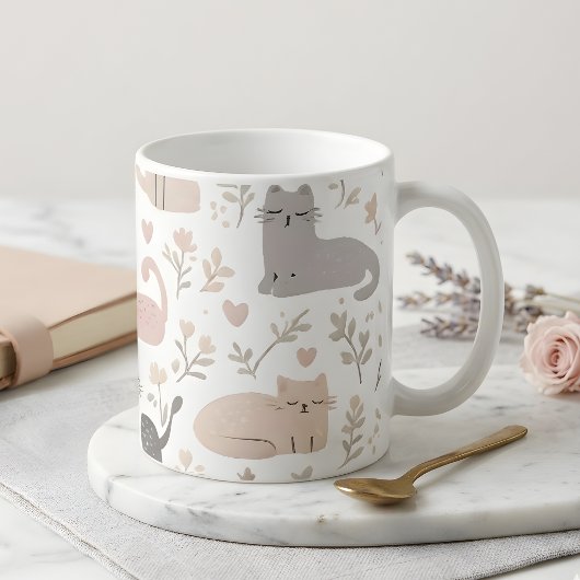 Adorable Pastel Cat & Floral Pattern Coffee コーヒーマグカップ