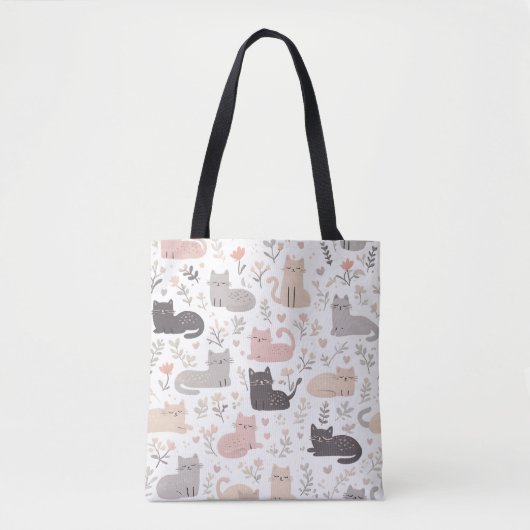  Adorable Pastel Cat & Floral Pattern Tote Bag トートバッグ (正面)