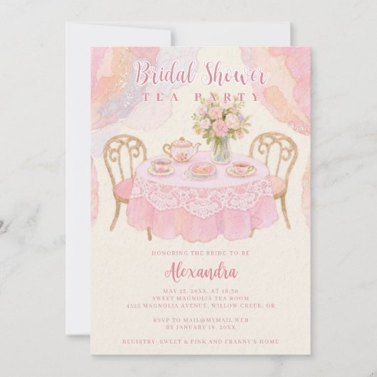 Adorable Pastel Pink Tea Party Bridal Shower 招待状 (正面)