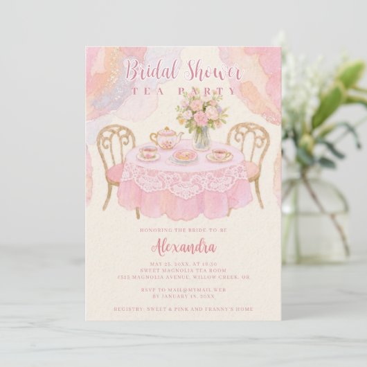Adorable Pastel Pink Tea Party Bridal Shower 招待状 (スタンド正面)