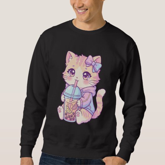 Adorable Pastel Tabby Cat Drinking Boba Art Kawaii スウェットシャツ (正面)