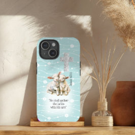 Adorable Pastel Turquoise Floral Lambs Cross Bible iPhone 15ケース