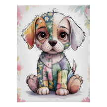Adorable Patchwork Puppy with Big Eyes - Whimsical
