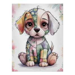 Adorable Patchwork Puppy with Big Eyes - Whimsical ポスター