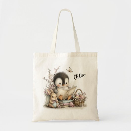 Adorable Penguin Reading Scene Illustration トートバッグ (正面)