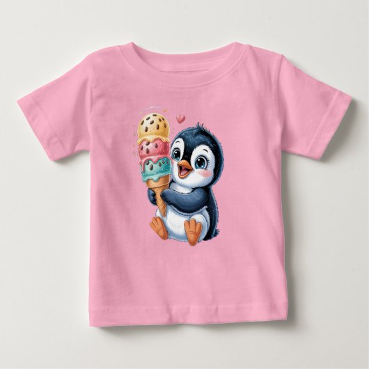 Adorable Penguin with Ice Cream Cute Kids T-Shirt ベビーTシャツ (正面)